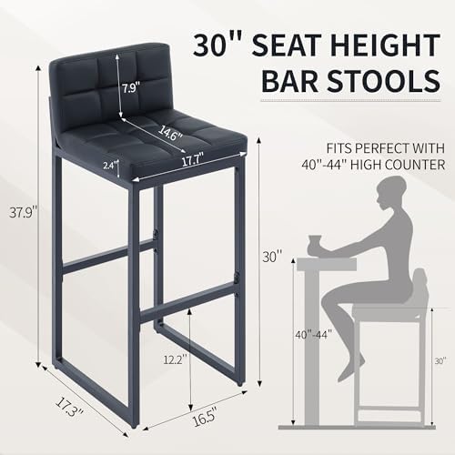 FIRAVOE Bar Height Bar Stools Set of 2, Modern Tall Counter Stool, Faux Leather Barstools with Back, Comfortable 30-inch Seat Height Island Chairs for Kitchen Island (Black, 2Pcs 30" Bar Stools)