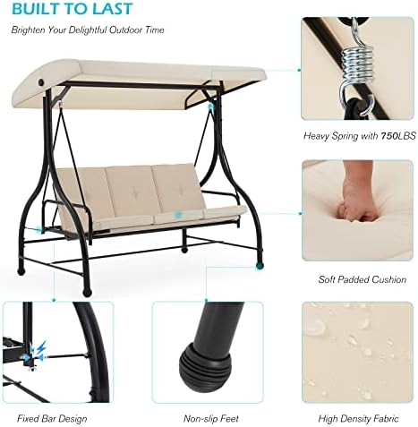 AECOJOY 3-Seat Outdoor Patio Swing With Canopy, Converting Porch Hammock, Adjustable Backrest, Removable Cushions and Stand, Beige