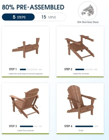 MUCHENGHY Folding Adirondack Chairs Set of 6, HDPE Patio Chair, Teak