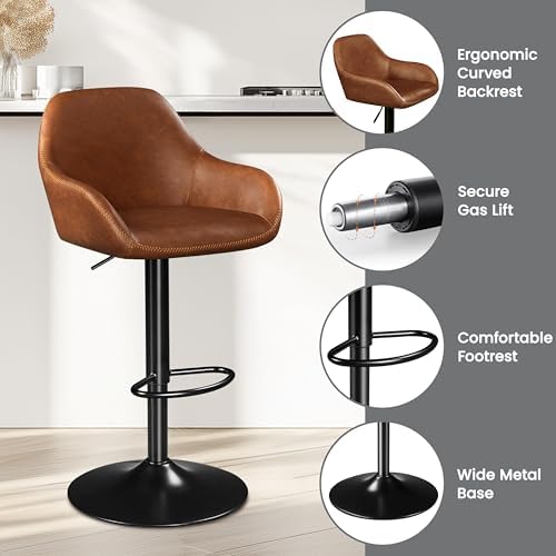 Yaheetech Bar Stools Set of 2, Adjustable Swivel PU Leather, Retro Brown