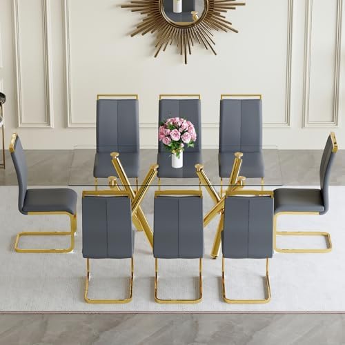 AZmac Modern Dining Table Set for 8 with Gold Metal Frame, 9-Piece Glass Dining Table with PU High Back Chairs for Kitchen Dining Room, Glass Table and 8 Dark Gray Chairs