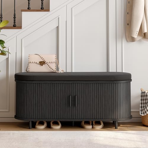 ONBRILL 43" Shoe Bench with Storage, Fluted Shoe Storage Bench, Black