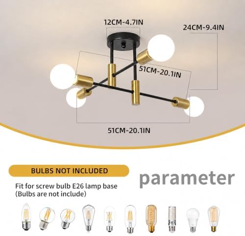 Garwarm Black and Gold Sputnik Chandelier, 4-Light Semi Flush Ceiling Light