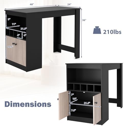 Giantex 48" Dining Table, Counter Height Bar Table with Storage Cabinet, Wine Rack, Compartment & Adjustable Shelf, Modern Bistro Tables for Home, Coffee Shop, Kitchen, Pub, Black & Gray