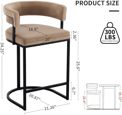 Set of 2 Brown Modern Velvet Bar Stools with Barrel Backrest, Upholstered Seat, and Black Metal Footrest – 25.6-Inch Seat Height, Ideal for Counters, Home Bars, and Kitchen Islands