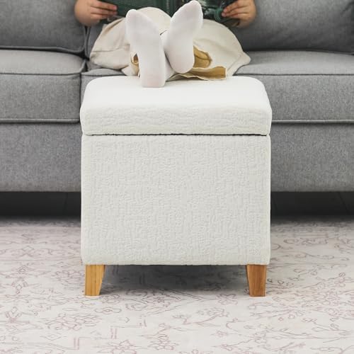 Adeco 18 Inch High Faux Fur White Cube Ottoman Storage, 3D Embossed Velvet Chair Foot Stools, Upholstered Vanity Stool with Hinged Lid, Solid Wood Legs