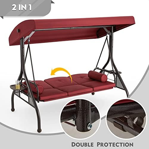 HOMREST 3 Seat Porch Swing with Adjustable Canopy, Patio Swing with Stand