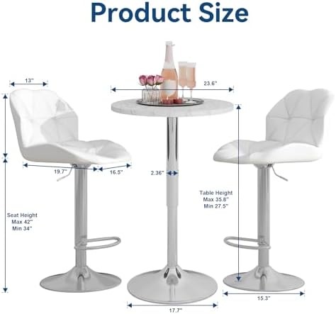 ARTETHYS Bar Table and Chairs Set Swivel Marble Style Table & White Stool