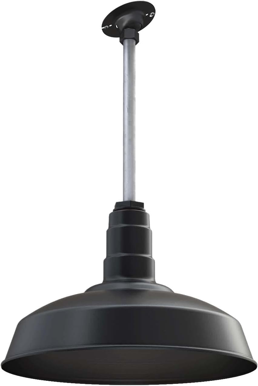 12" Sloped Stem Barn Light Pendant 16" Dome | Garage Workshop | Matte Black