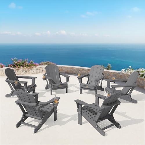 SERWALL Folding Adirondack Chair with Cup Holder Set of 4, Fire Pit - Gray