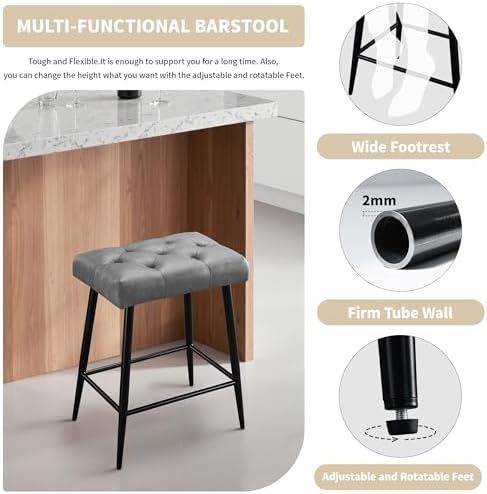 STOOLINK Faux Leather Bar Stools Set of 2, 24 Inch Modern Bar Stools, Grey