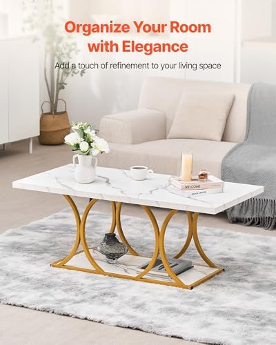 VEVOR Coffee Table, Modern Faux Marble Coffee Table, Large 2-Tier Rectangle Center Desk with Geometric Legs, Minimalist Sturdy Metal Frame Accent End Desk for Living Room, Office, Easy Assembly, White