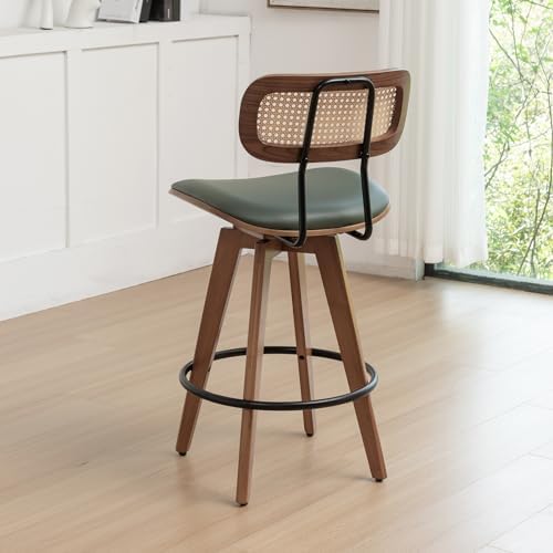 26" Rattan Bar Stools Set of 2,Faux Leather Counter Height Swivel Barstools with Rattan Backrest/Wooden Legs,Armless Mid Century Modern Bar Chairs for Kitchen/Dining Room/Bar Chairs,Green PU