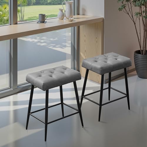 STOOLINK Faux Leather Bar Stools Set of 2, 24 Inch Modern Bar Stools, Grey