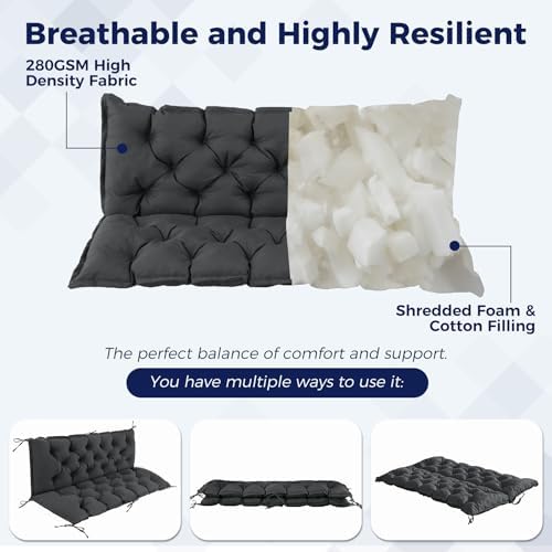 IASEAHK Porch Swing Cushions, 40×40×4 Inch, Waterproof, Dark Grey