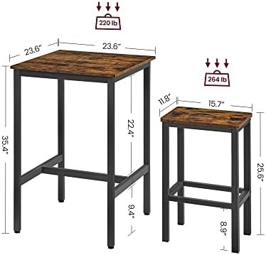 VASAGLE Bar Table and Chairs Set, Square Table with 2 Stools, Dining Pub Set for 2, Space Saving for Kitchen Breakfast, Living Room, Party Room, Rustic Brown and Ink Black