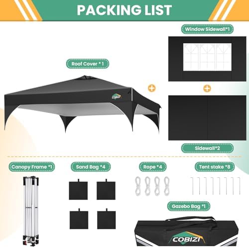 COBIZI 10x10 Pop Up Canopy with 3 Sidewalls, 1-Person Setup, Waterproof