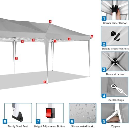 COBIZI 10x20 Pop Up Canopy with 6 Sidewalls, One Push Easy Setup, Gray