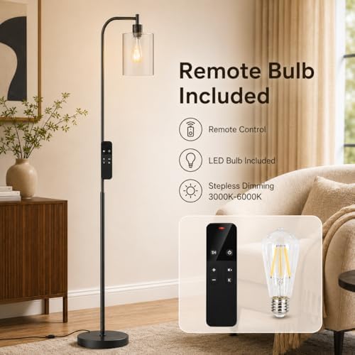 Wio-Mio Industrial Floor Lamp with Glass Shade, LED Bulbs Included
