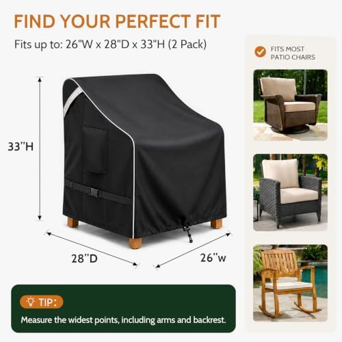 COSFLY Outdoor Patio Chair Cover Waterproof, Fits 26"W x 28"D x 33"H, 2Pack