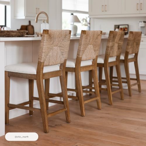 Nathan James Beacon Bohemian Boucle Bar Stool, Upholstered Counter Height Chair with Solid Wood Frame and Woven Seagrass Back for Kitchen Island, Light Brown/Seagrass/Cream Boucle, Set of 2