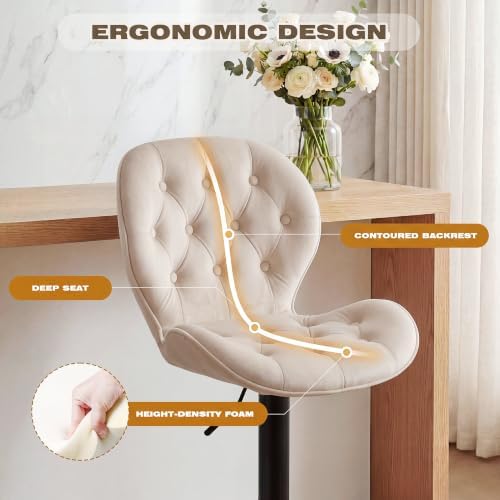 GRUSIGN Bar Stools Set of 2, Modern Swivel Adjustable Bar Chairs, Chenille Fabric Upholstered Counter Height Bar Stools with Backrest, Comfort Barstools for Kitchen Island, Home Bar, Khaki