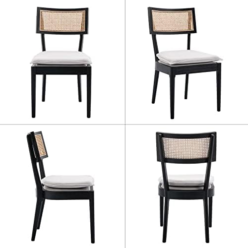 Rattan Dining Chairs Set of 6, Linen Upholstered Kitchen Chairs