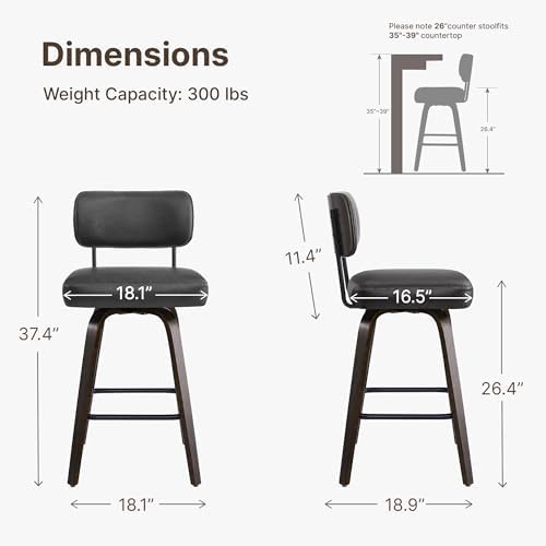 Swivel Bar Stools Set of 2, 26" Counter Height with Wooden Back, Black