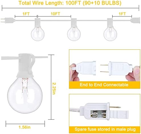 100Ft G40 Outdoor String Lights Patio Lights with 100 Edison Globe Bulbs, Connectable Outdoor String Lights Waterproof UL Listed for Indoor Porch Party Wedding Deck Balcony Wedding Party Decor- White