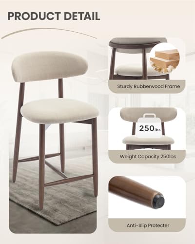 Bar Stools Set of 2, 25.6″ Counter Height Bar Stools with Wood Legs