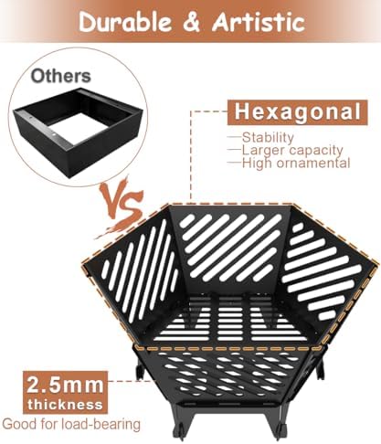 22.5 Inch Portable Hexagon Fire Pit with Travel Bag — Smokeless Patented Design Outdoor Wood Burning Fire Pit for Camping, Backyard, Patio, Bonfire, Picnic and BBQ, Diagonal Hollow Style