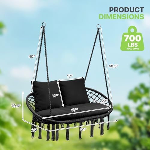 Magshion 2-Person Macrame Hanging Hammock Swing Chair, Black