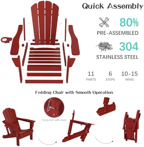 Domi Folding Adirondack Chairs Set of 2 with Cup Holder, Red