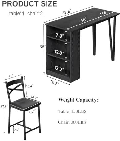 Garvee Extendable Bar Table and Chairs Set, 3 Piece Bar Table Set, Black