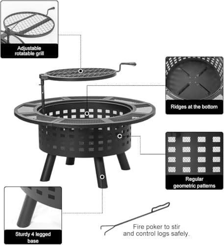 Verdeluxe 36 inch Outdoor Fire Pit with Cooking Grate 3-in-1 Fire Pit Table