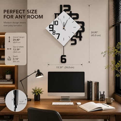 TeamSky Silent Wood Pendulum Wall Clock, Modern White Decorative Clock