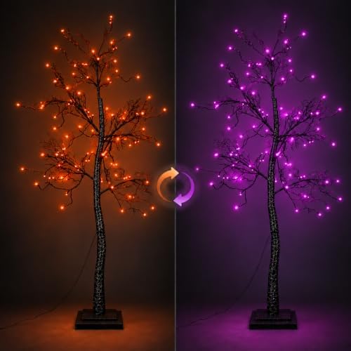 5FT Lighted Halloween Tree, 102 LED Dual Color Black Glitter Tree