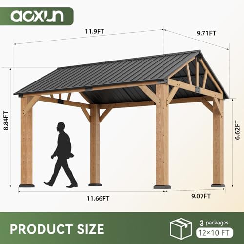 Aoxun 10' x 12' Wood Gazebo with Gable Galvanized Steel Roof, Natural