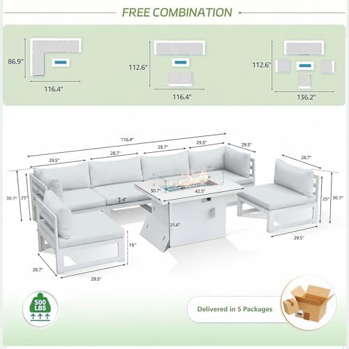 RADIATA 7 Piece Aluminum Patio Furniture Set with Fire Pit Table, White