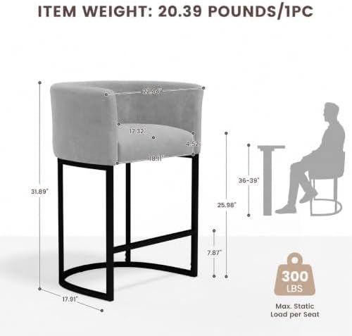 GRUSIGN Chenille Counter Height Bar Stools Set of 2, 26" Kitchen Island Stools with Arms & Footrest, Upholstered Barrel Back Bar Chairs for Kitchen, Dining Room, Bar & Lounge Area, Grey