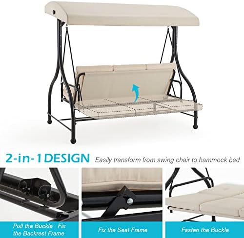 AECOJOY 3-Seat Outdoor Patio Swing With Canopy, Converting Porch Hammock, Adjustable Backrest, Removable Cushions and Stand, Beige