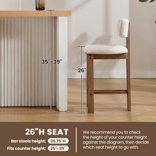 HNY 26’’ Tall Farmhouse Bar Stools Set of 2, Modern Counter Stools with Backs Beige Linen Upholstered Bar Height Chairs with Natural Hardwood Frame, Counter Height Wood Barstools for Kitchen Island