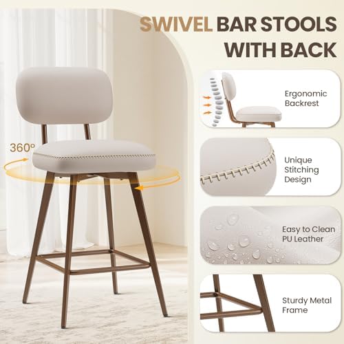MALOL 26“ PU Leather Swivel Bar Stools Set of 3, Beige
