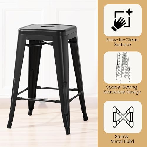 Yaheetech 24 Inch Metal Bar Stools Set of 4, Stackable Barstools, Black