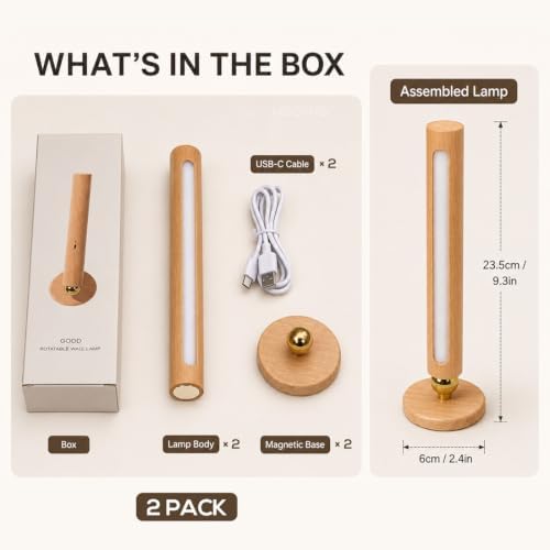 wooden wall lamp 360° rotatable magnetic sconce bedside-2, view 9