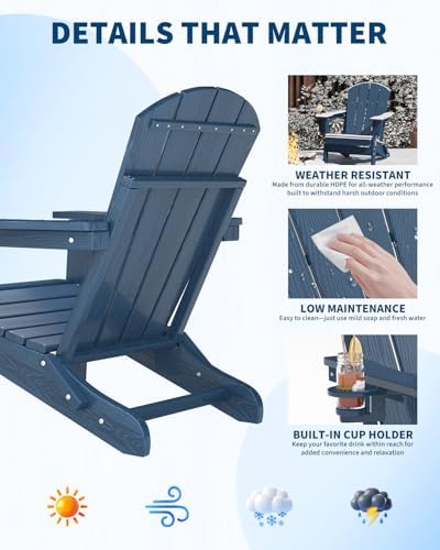 HDPE Folding Adirondack Chair Set of 2 with Side Table, Navy Blue
