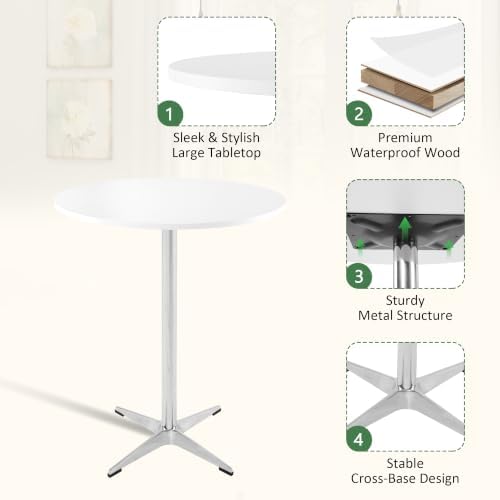NOBPEINT Modern Round Pub Tables Bar Tables with Metal Cross Base, Wooden Cocktail Table with 39.4 Inches Height, White