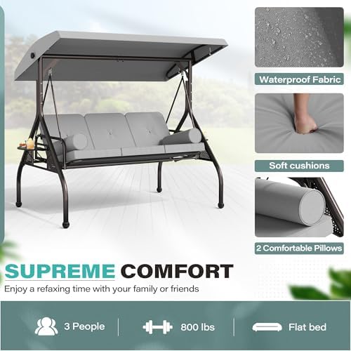 SUNCROWN Outdoor 3 in 1 Porch Swing Chair, 3 Seat Patio Swing Glider with Adjustable Canopy, Heavy Duty Swings with Thickened Cushions, Pillows & Cup Holders for Backyard, Porch, Garden,Grey
