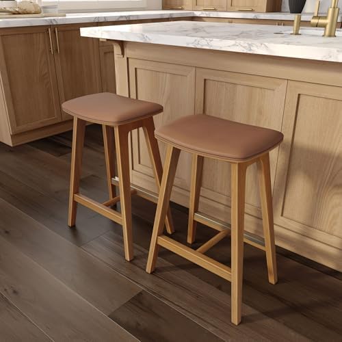 Plank+Beam Beryl Bar Stool, Upholstered, Set of 2, Pecan/Toffee