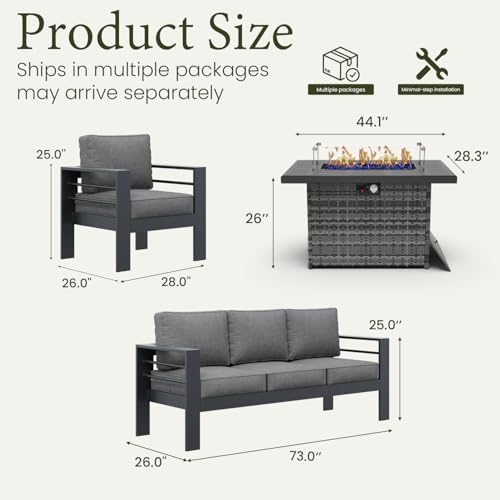 LayinSun Aluminum Furniture Set with Fire Pit Table, 4 Pieces Patio Sectional Conversation Chat Sofa Modern Seating Set